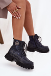 Leather Women's Platform Boots with Texts and Decorative Detail Artiker 57C2271 Navy Blue