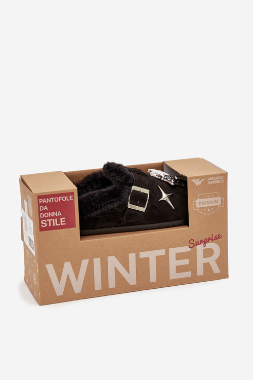 Women's slippers with decorations and buckle lined with fur black Thalora