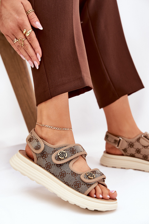 Women's Patterned Fabric Sandals With Golden Details Khaki Pefese