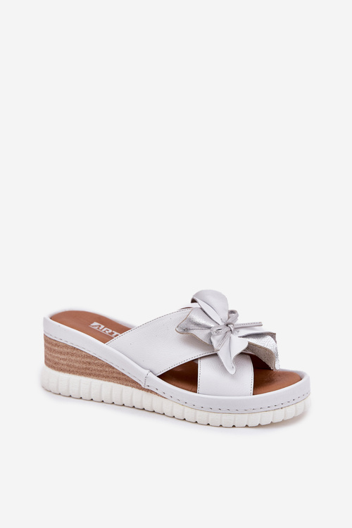Leather Women's Slippers On Wedge With Decorative Flower Artiker White-Silver 54C0538