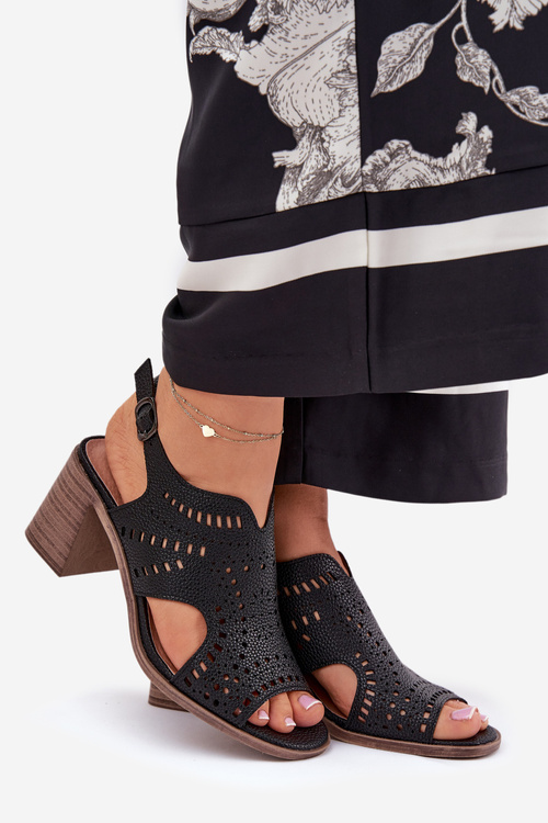 Ladies Perforated Sandals On Heel Black Tosine