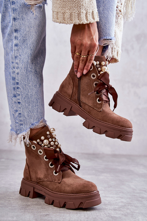 Suede Warm Boots With Pearls Brown Roco