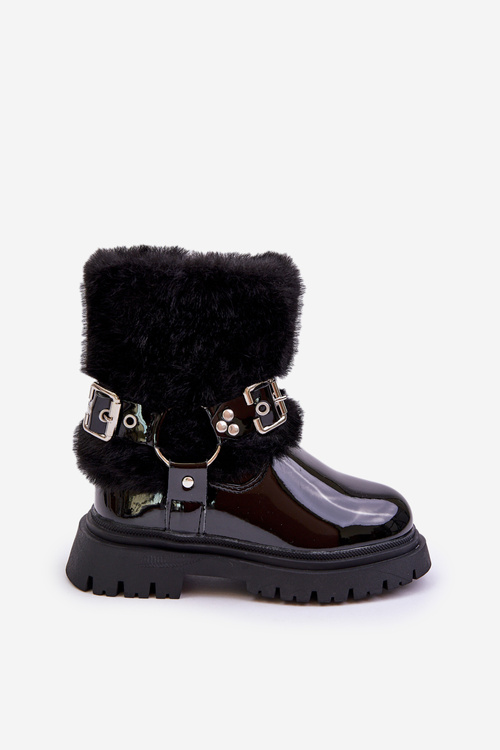Lacquered Girls Boots With Fur And Buckles Black Cartemes