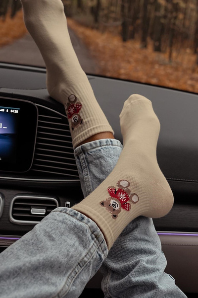 Damskie Skarpetki Miś w Sweterku Beżowe