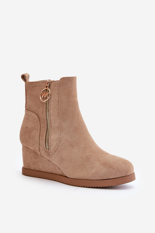 Warm wedge ankle boots with decorative zipper eco suede dark beige Leretha