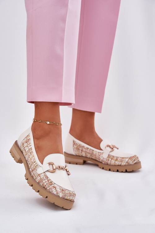 Ladies Leather Moccasins With Golden Detail Light Beige Laura Messi 2938