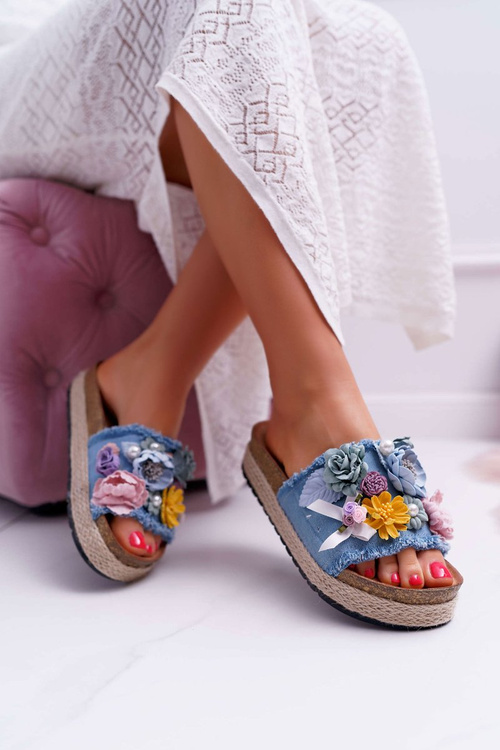 Women's Flip Flops With Flowers Thick Sole Blue Amadeo