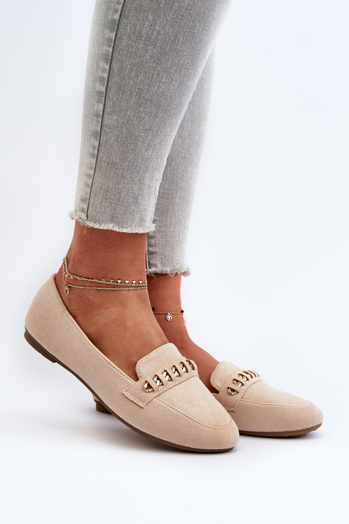 Mokasyny Damskie Z Łańcuchem Błyszczące Beżowe Aredilla 9988-73