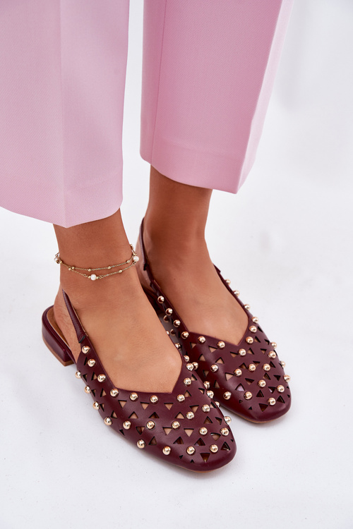 Embellished Ballet Flats On Flat Heel Burgundy Nilarisela