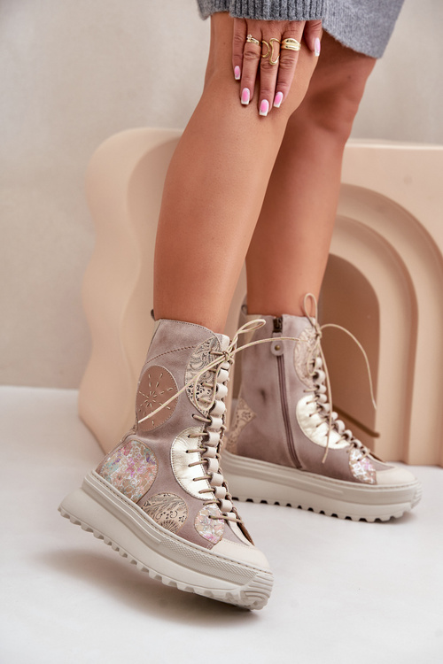 Leather Suede Ankle Boots On A Platform Insulated Maciejka 06565-04 Beige