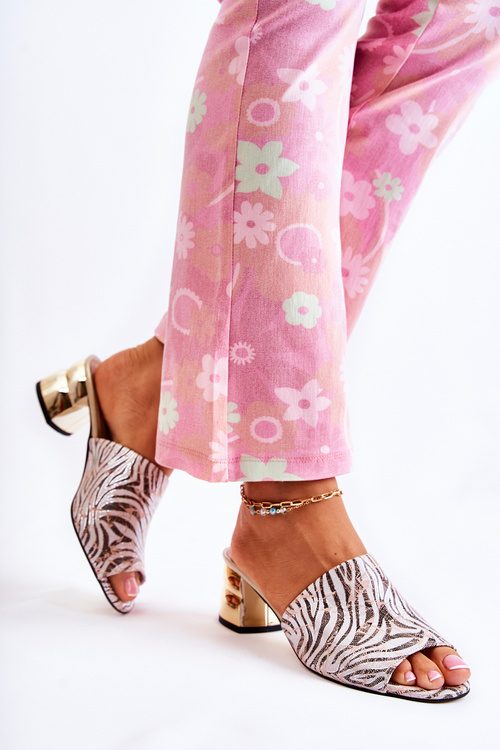 Leather Women's Slippers Zebra On Heel Pink-White Perry