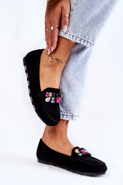 Women's suede loafers with decorations black Janetta