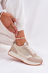 Ladies Sports Shoes With Mesh On Platform Beige Poova