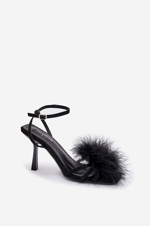 Ladies High Heels Sandals With Feathers Black Xaliope