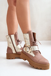 Zazoo 2942 Leather Worker Boots With Gold Buckle Beige
