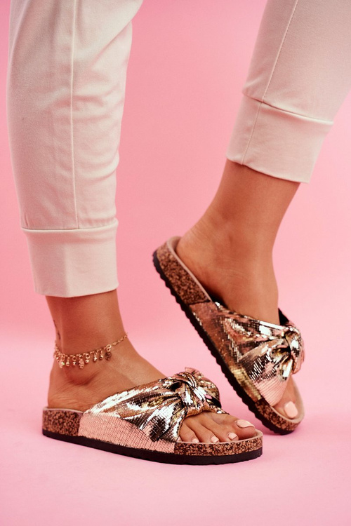 Women's Slides With Big Bow Gold Lovely Time