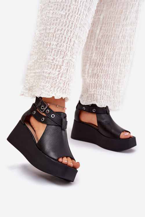 Leather Wedge Sandals Black Zazoo 1732