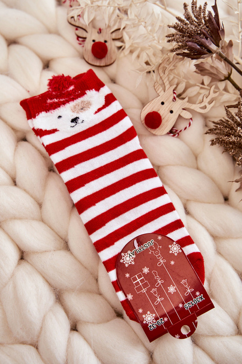 Młodzieżowe Skarpety W Paski Z Pieskiem Biało-Czerwone