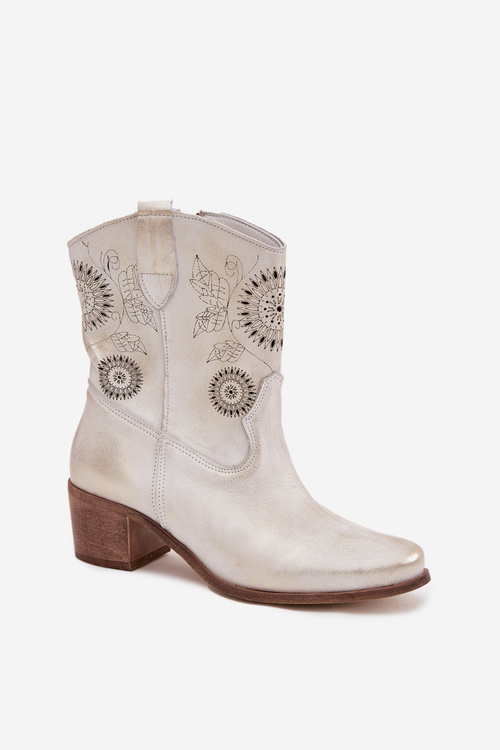 Ażurowe Damskie Botki Ażurowe Obcas Zamsz Złoty Przecierany Zazoo 3844