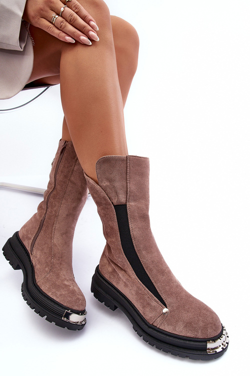 Women's Faux Suede Padded Flat Heel Ankle Boots Dark Beige Palimra