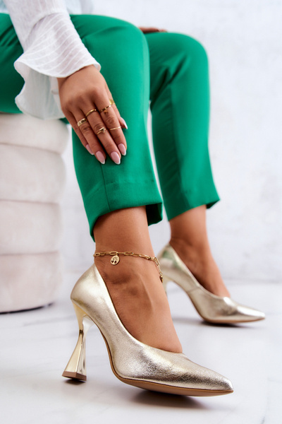 Czółenka Modne Skórzane Złote Lewski Shoes 3181