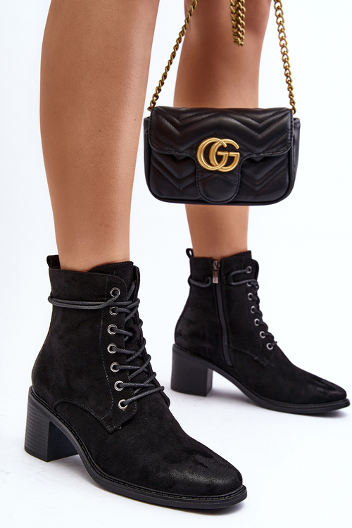 Women's Low Heel Lace-up Black Ankle Boots Serellia