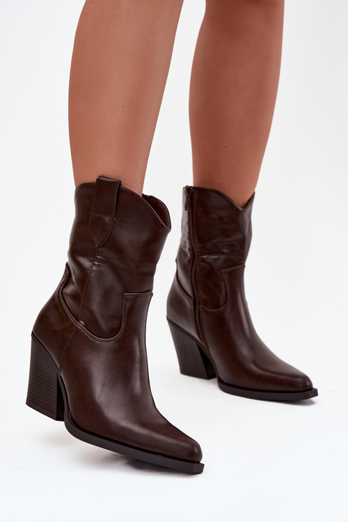 Damskie Botki Obcas Słupek Kowbojki Eko Skórzane Czekoladowe Sorelia