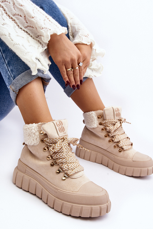 Trapery Botki Damskie Gruba Podeszwa Jasnobeżowe Ralotta EV-372