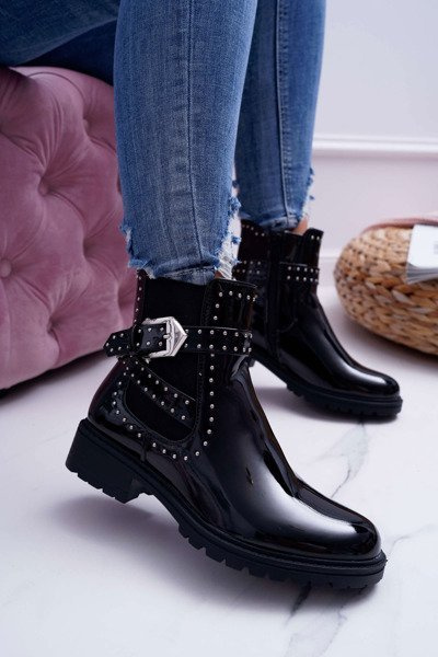 Women's Flat Heeled Boots Warm Lacquered Black Verre