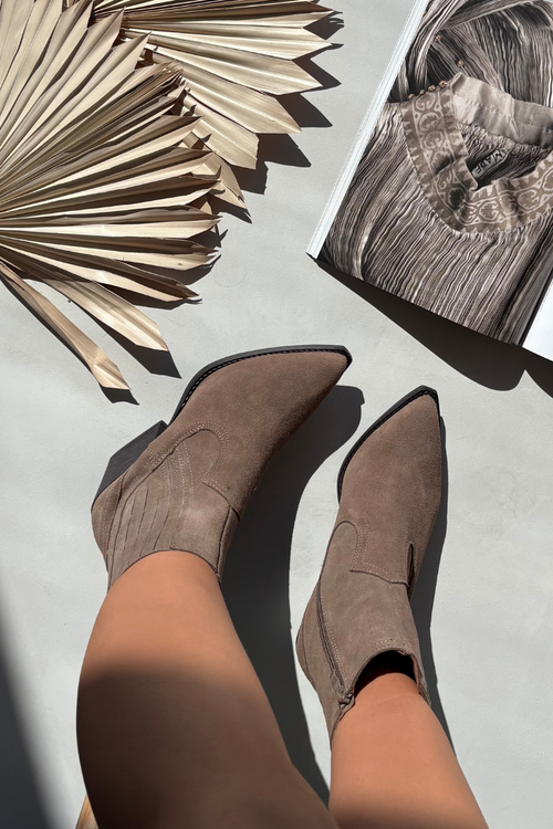 Damskie Ocieplane Botki Kowbojki Zamszowe Słupek Khaki Dylira