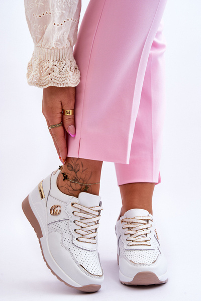 Buty Sportowe Damskie Skóra Koturn Biało-Złote Rebeca