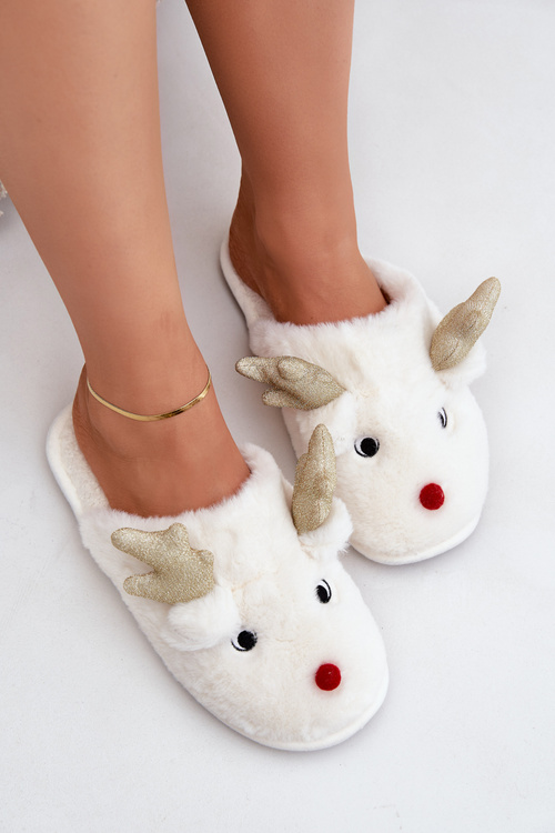 Christmas Slippers With Reindeer Motif Fur White Asielle
