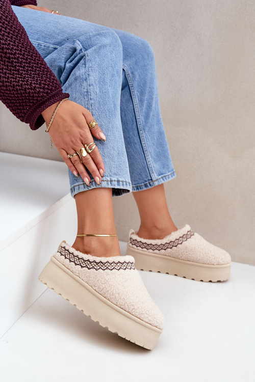 Snow Boots Slippers On Platform With Sheepskin Light Beige Leaniella