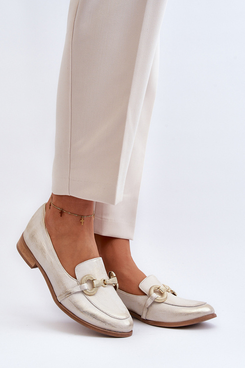 Mokasyny Damskie Skóra Ozdoba Złote Zazoo 2880