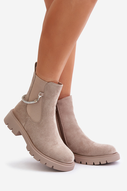 Warm Ankle Boots With Zipper And Decorative Strap Beige Labenne
