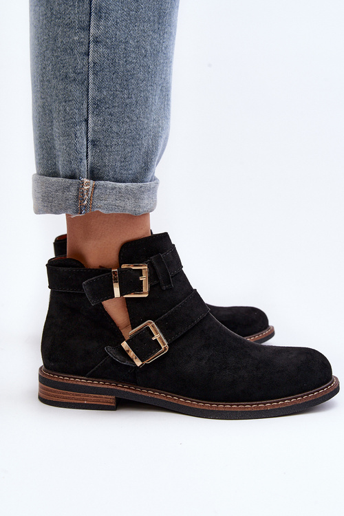 Women's Flat Heel Ankle Boots with Straps Black Melviana