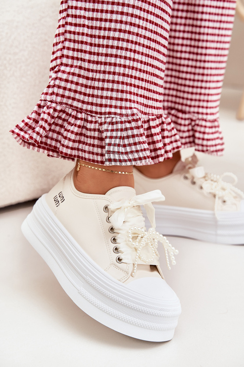 Women's Platform Sneakers With Decorative Lacing Beige Tivora