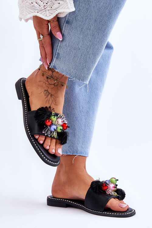 Klapki Ozdobne Koraliki Czarne S.Barski KV-2775-47