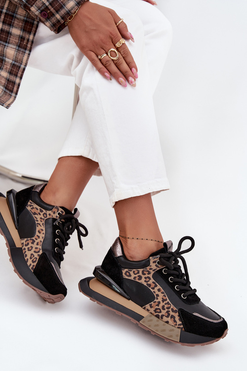 Damskie Sneakersy Skóra Naturalna Platforma Panterka Czarne Artiker 55C0134