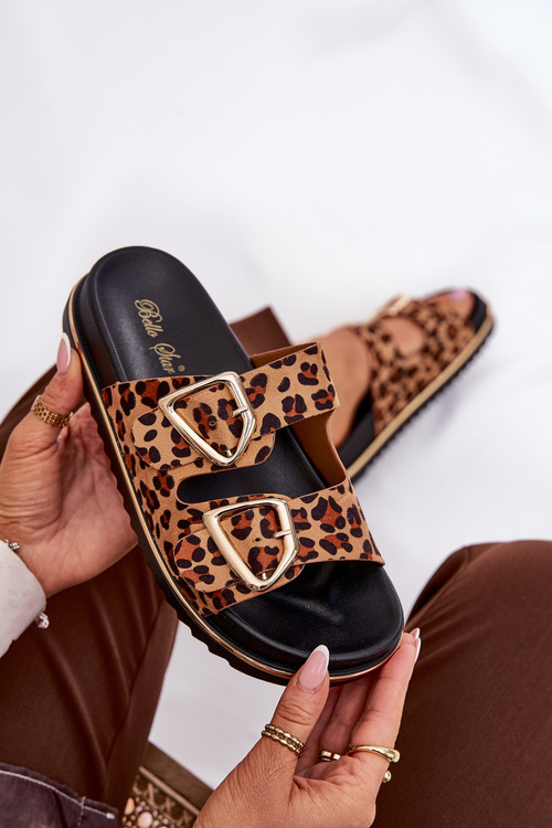 Women's platform slippers with leopard print and gold buckles brown Tersele