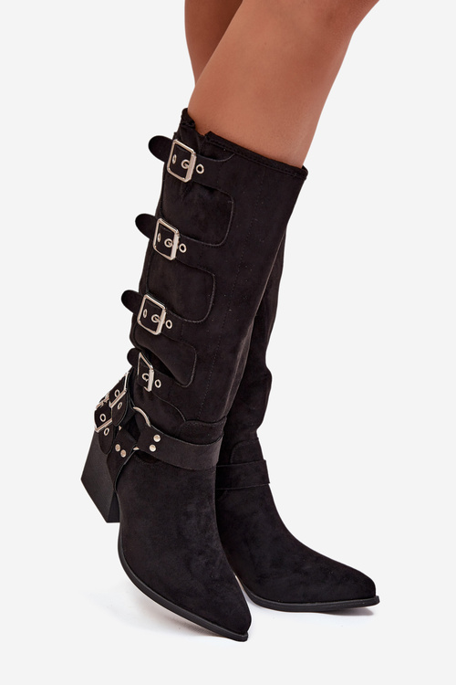 Cowboy Boots with Block Heel with Buckles Black Fivelle