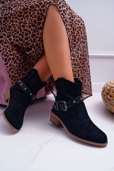 Women's Flat Heeled Cowboy Boots with Buckle Black Ewell