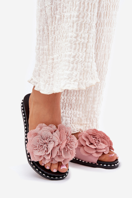 Ladies Slippers With Fabric Flowers Pink Elachase