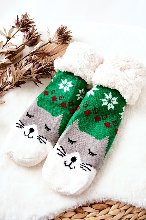 Long Socks Christmas Pattern Cat Green
