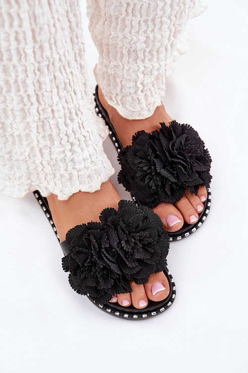 Women's Slippers With Fabric Flowers Black Elachase