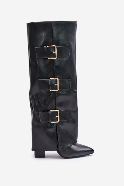 Damskie Kozaki Obcas Słupek Wywinięta Cholewka Czarne Klamry Piregonia