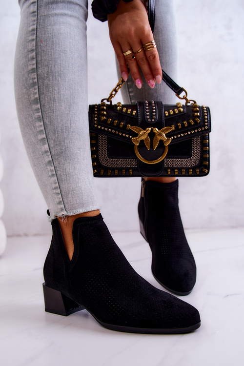 Botki Zamszowe Ażurowe Suwak Czarne Carine