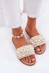 Klapki Damskie Płaskie Ozdobne Koraliki Beżowe Aricca