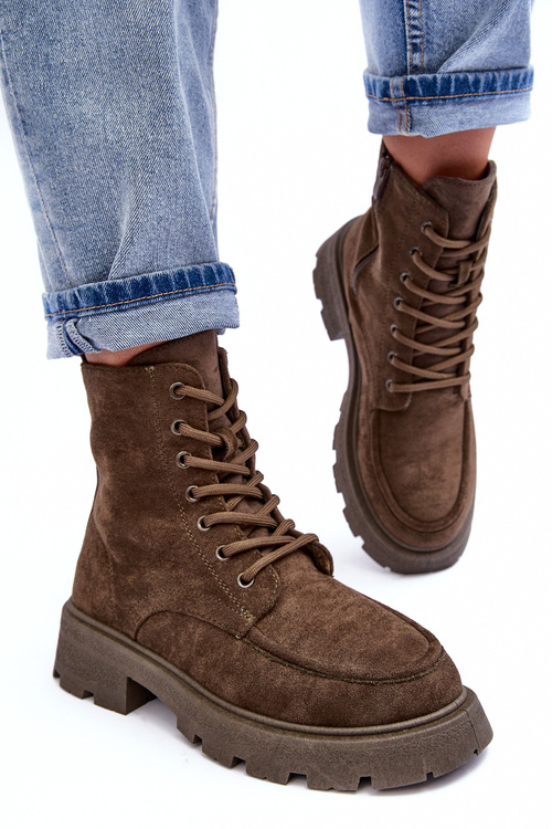 Suede Trapper Boots With Fleece Lining And Flat Heel Dark Green Zikey