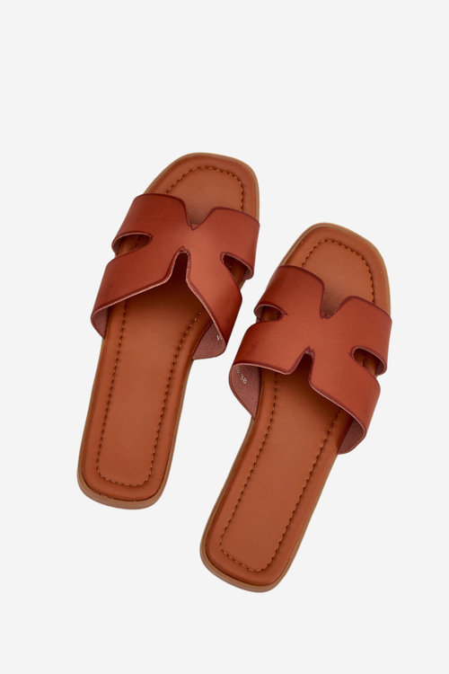 Damskie Klapki Wycięcia Eko Skóra Camel Salyra